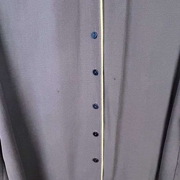 Eileen Fisher Georgette Piped Blouse 100% Silk Crepe Button Down Top Navy Blue M - Picture 12 of 13